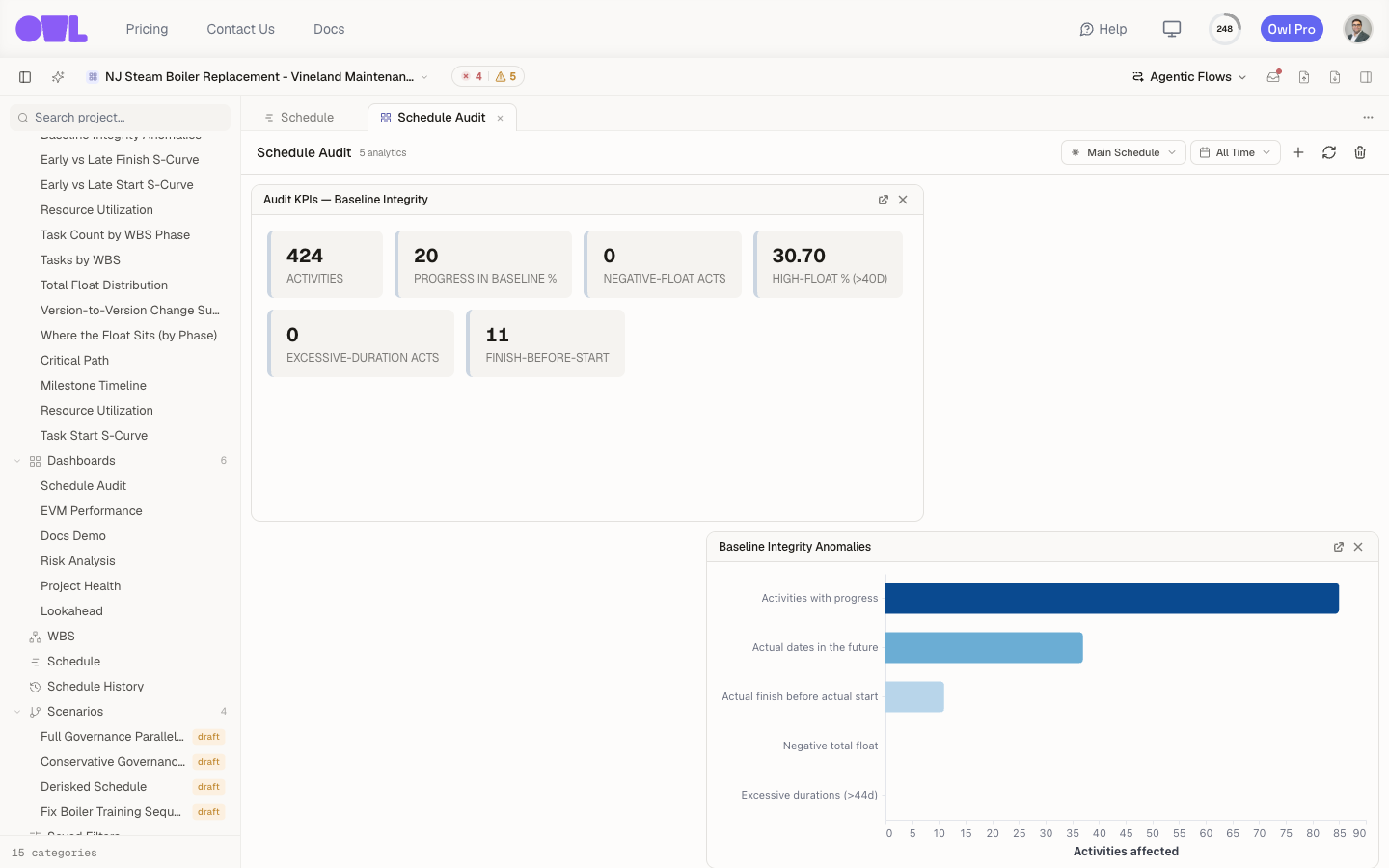 The Schedule Audit dashboard — a KPI card of integrity metrics and the baseline-anomalies chart as live tiles.