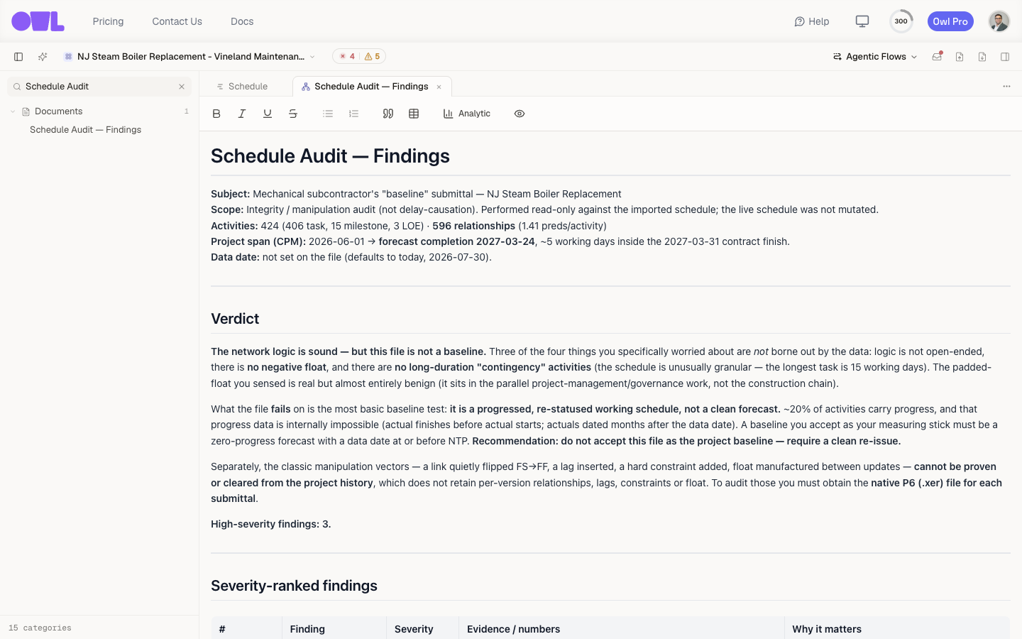 The Schedule Audit — Findings report open, showing the header summary and the plain-language verdict.