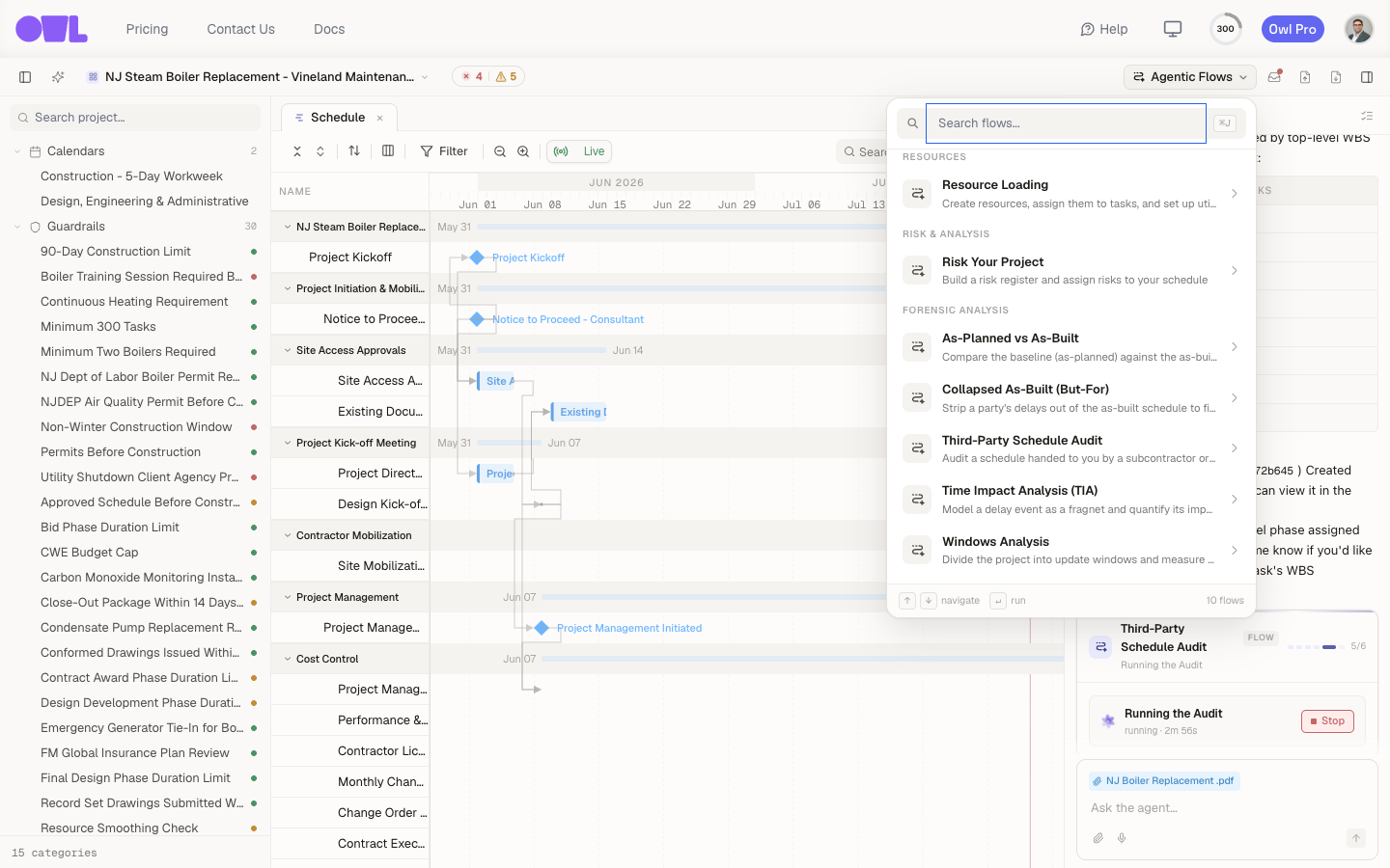 The Agentic Flows menu open, with the Third-Party Schedule Audit flow listed under the Forensic Analysis group.