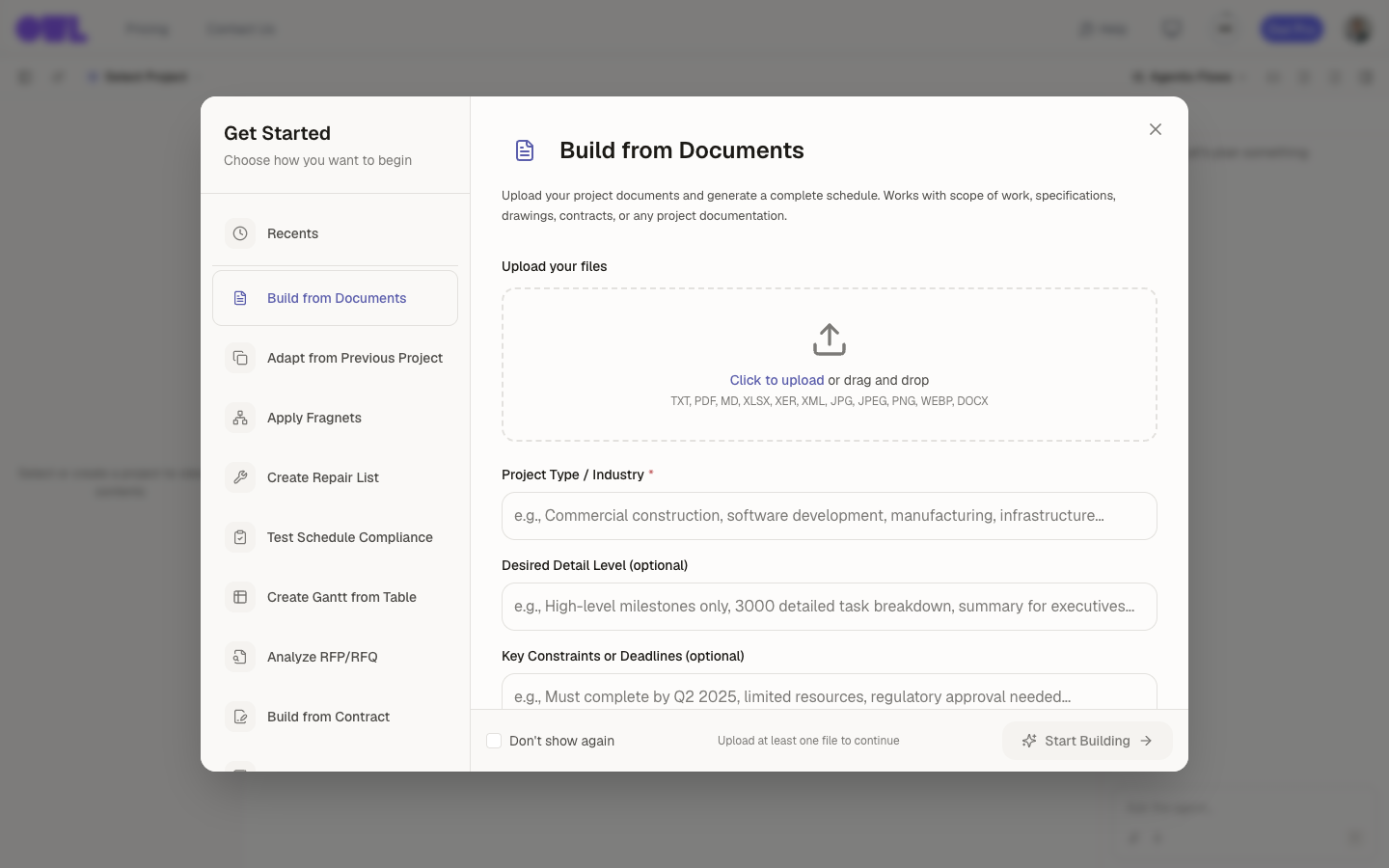 The Build from Documents window: a file dropzone, and fields for project type, detail level, and constraints.