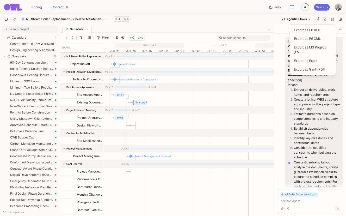 The Export menu with four options: Export as P6 XER, Export as P6 XML, Export as MS Project XML, and Export as Excel.
