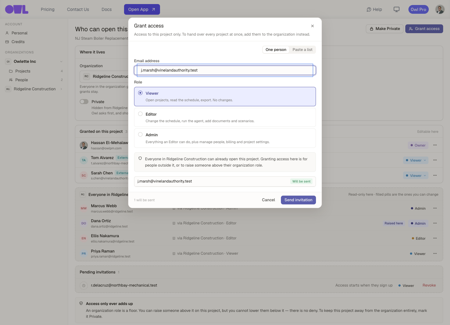 "The Grant access dialog: a One person / Paste a list switch, an email field, the Viewer, Editor and Admin roles each with a description, a note that everyone in the organization can already open the project, and a Send invitation button."