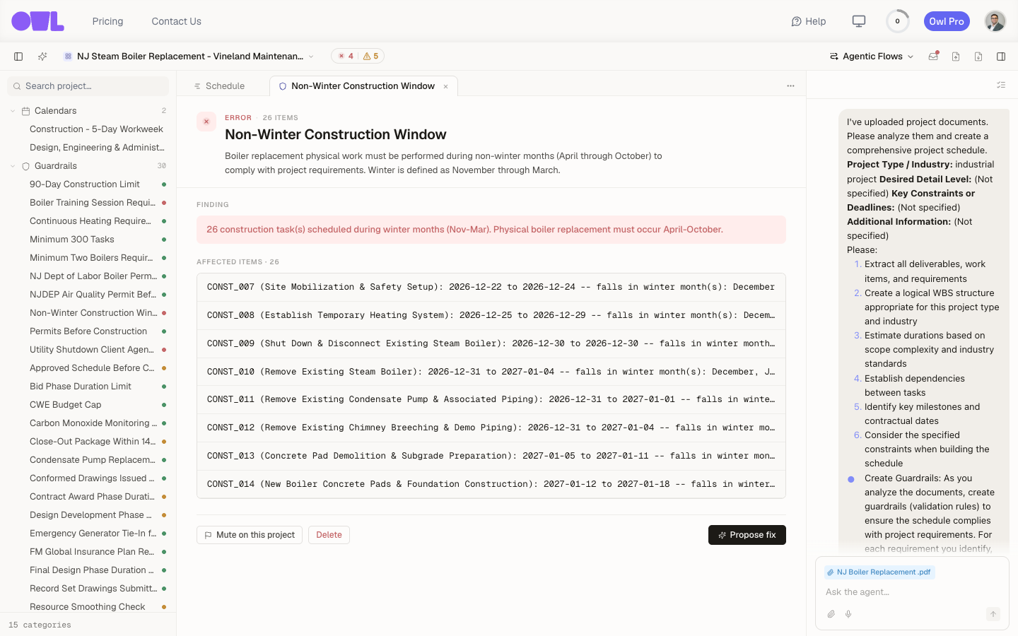 "The Non-Winter Construction Window guardrail detail: the rule, the finding, and 26 affected tasks."