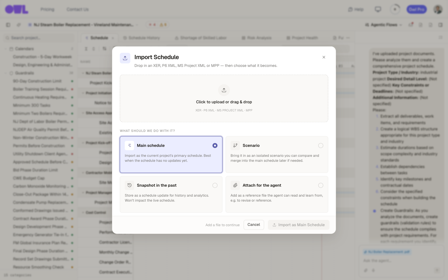 The Import Schedule window: a dropzone for XER, P6 XML, MS Project XML, or MPP, and four choices for what the file becomes.