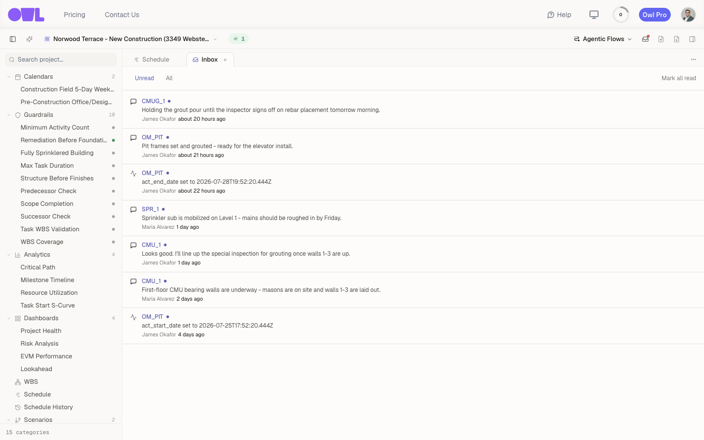 "The Inbox tab: a list of task updates — comments and status changes — each showing the task code, the message, and the teammate who made it, with Unread/All filters and a Mark all read link."