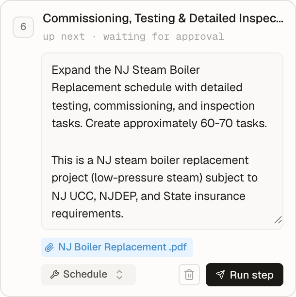 A queued planning step card with an editable brief, a builder selector, and a Run step button.