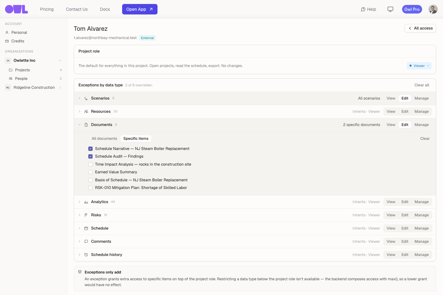 "One person's access page: their project role set to Viewer, and an Exceptions by data type list where Scenarios is set to Edit for all scenarios and Documents is expanded showing six documents with two ticked, while every other data type reads Inherits - Viewer."