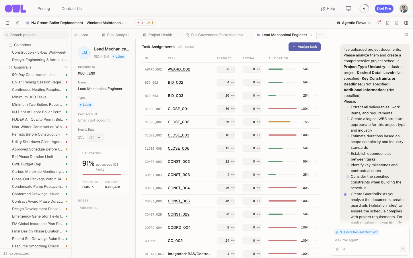 A resource detail: type, hourly rate, a utilization summary, and its task assignments with allocation percentages.