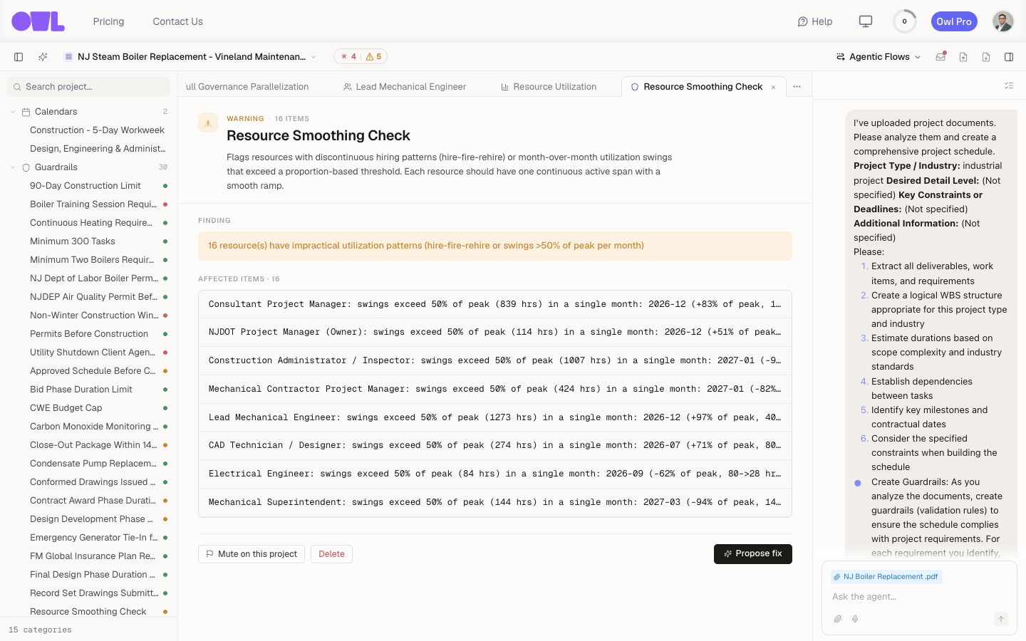 The Resource Smoothing Check guardrail: it flags hire-fire-rehire patterns and month-over-month swings, listing the affected resources.