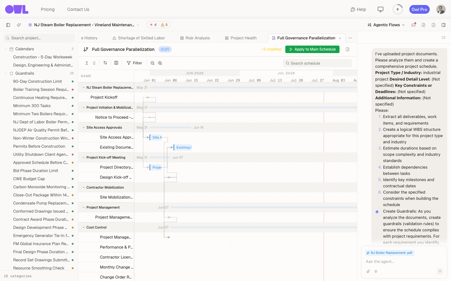 A scenario open in the Gantt: a draft branch showing modified-task count and an Apply to Main Schedule button.