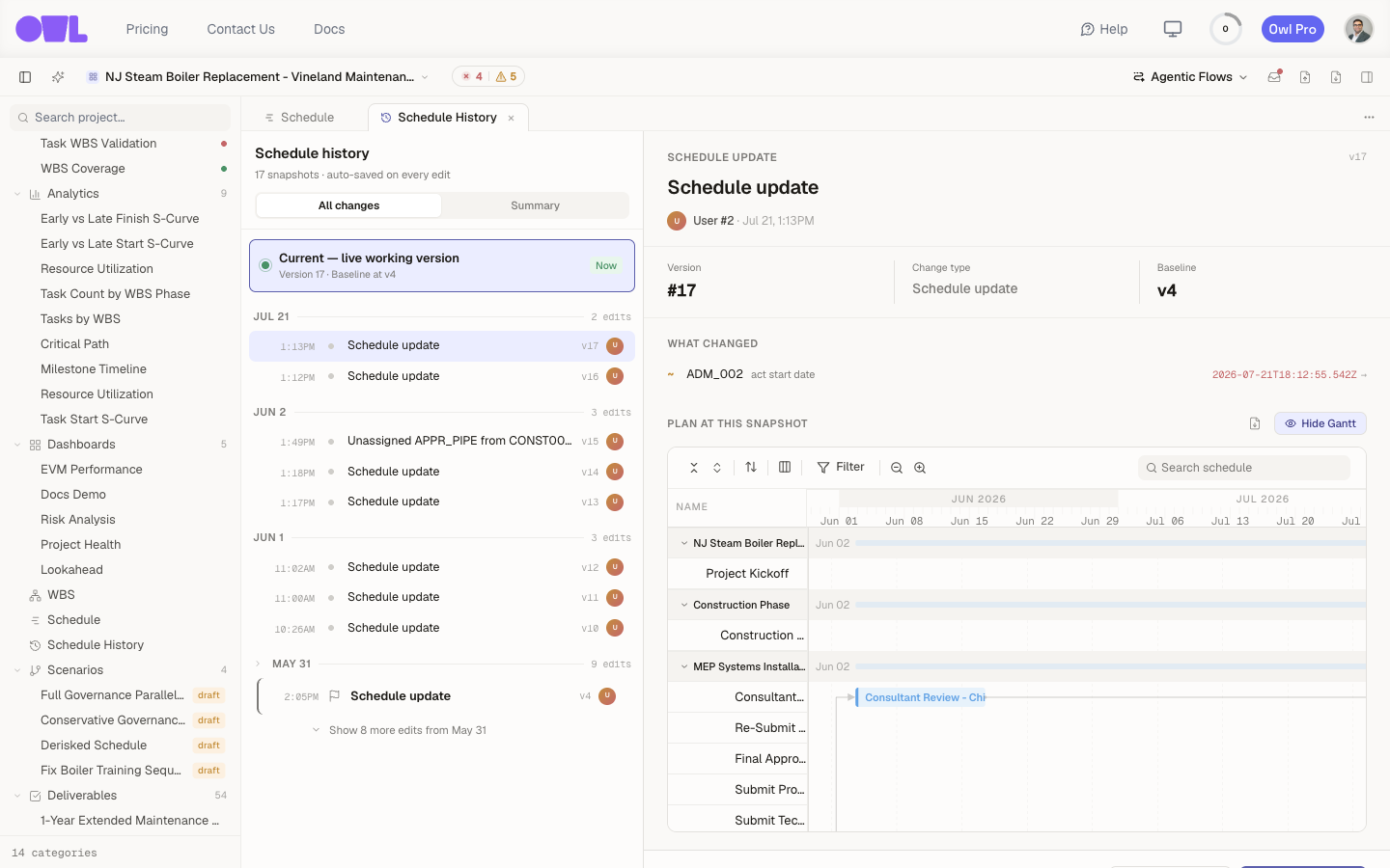 "A snapshot selected in Schedule History with Show Gantt expanded: the detail panel shows the version, change type, and the exact field that changed, with a mini Gantt below rendering the whole schedule as it looked at that snapshot."