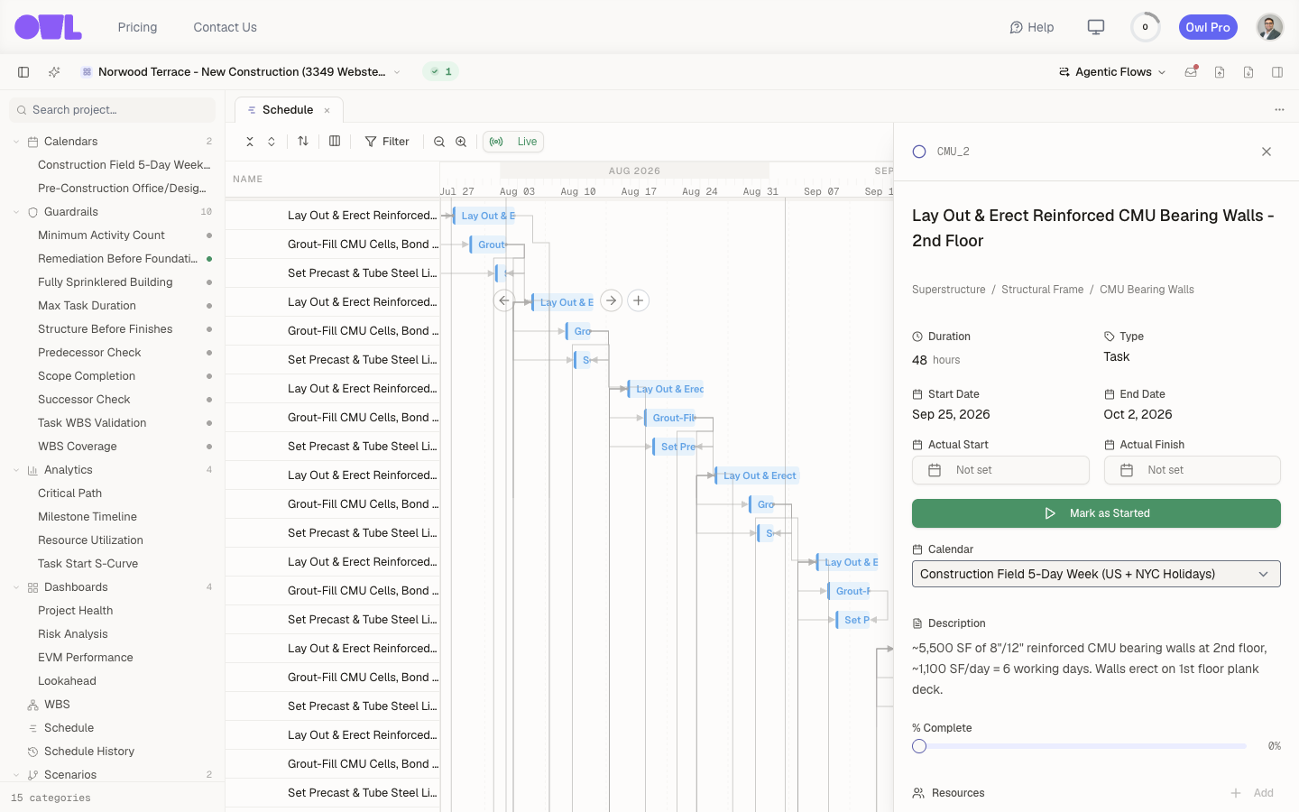 "A task's detail page open on the right: task name, planned dates, Actual Start and Actual Finish fields, and a green Mark as Started button, with the Gantt behind it."