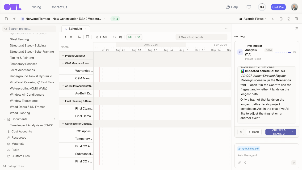 A completed TIA: the impact report in the chat and the analysis document plus scenario in the project tree.