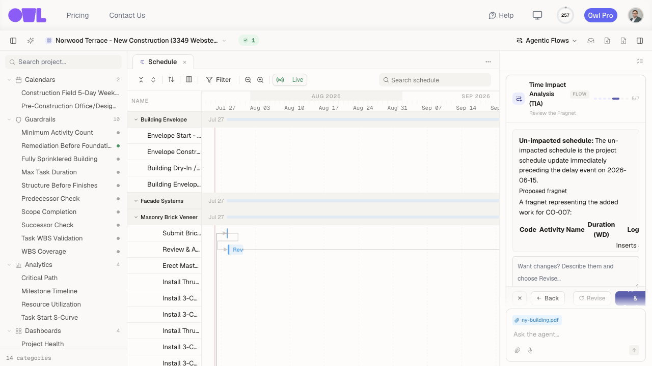 Owl's proposed delay fragnet — the activities and links it will insert — shown for review.